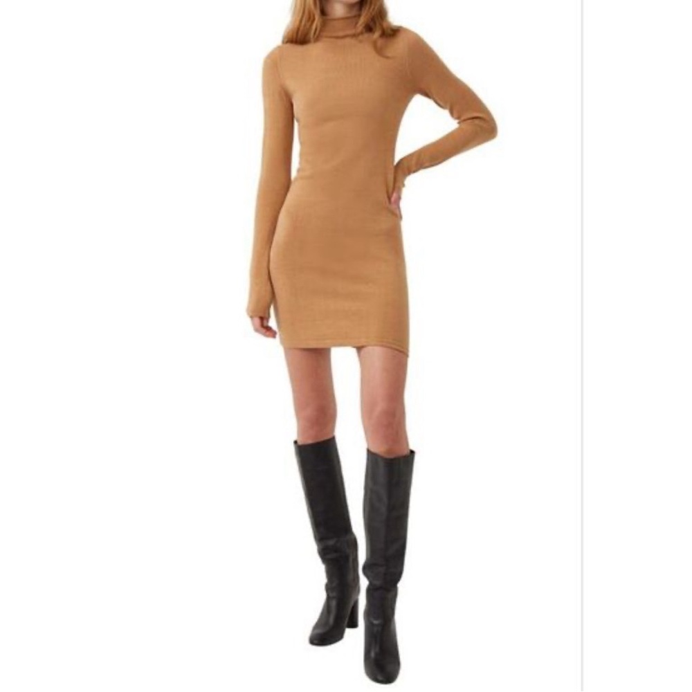 French Connection Women's Long Sleeve Mock Neck Knit Dress Camel Brown Medium
